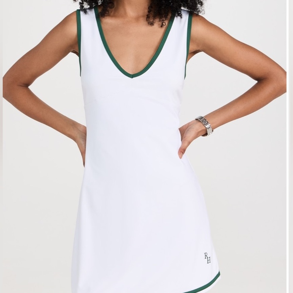White V-Neck Tennis Dress with Green Trim